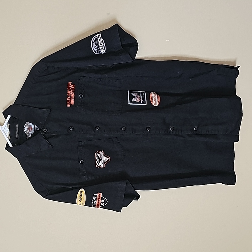 Harley Davidson Mens Short Sleeve Mechanic Button Down Shirt Black Sz M EUC - Picture 2 of 10
